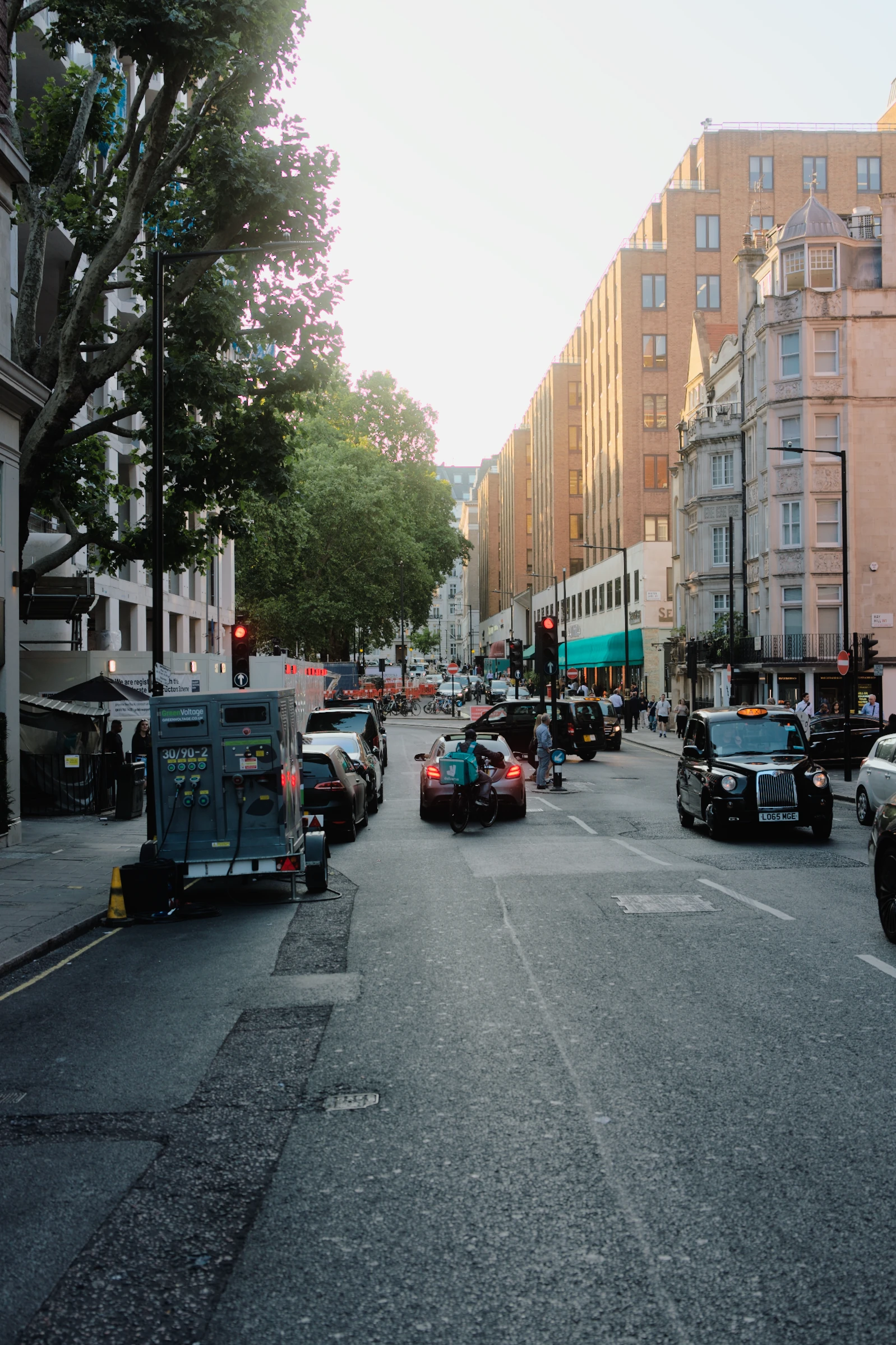 An evening street with deep shadows